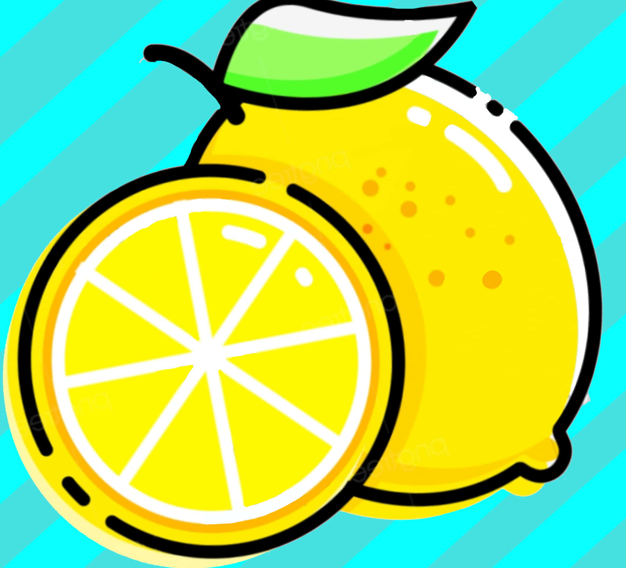 Kawaii Fruit 桌布 壁紙 — 一個鮮黃色的檸檬，附有一片切開的切片，顯示多汁的果肉，以及一片綠葉，背景為青綠色條紋。
