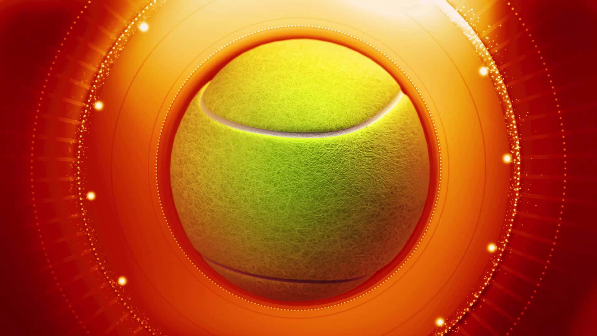 Tennis Ball 桌布 壁紙 — 一個鮮黃色的網球，位於發光的橙色同心圓環中央，帶有閃爍的光芒。