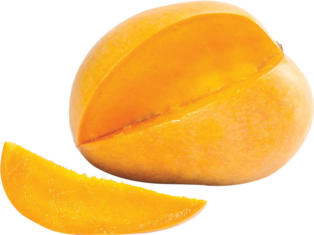 Mangoes 桌布 壁紙 — 一個鮮黃色的芒果被切開，旁邊放著一塊多汁的楔形果肉，背景是純黑色。