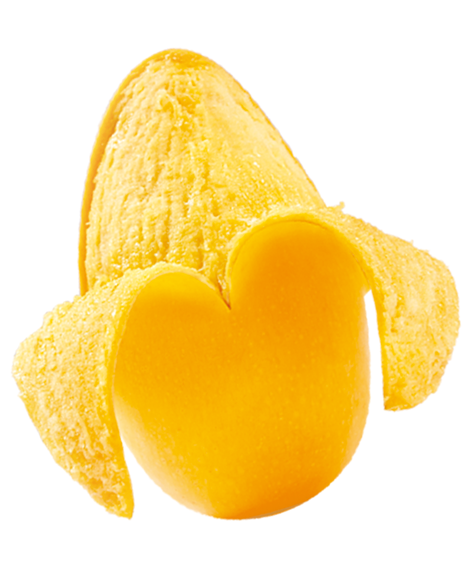 Mangoes 桌布 壁紙 — 一個鮮黃色的芒果被剝皮，露出心形果肉，襯托在純白背景上。