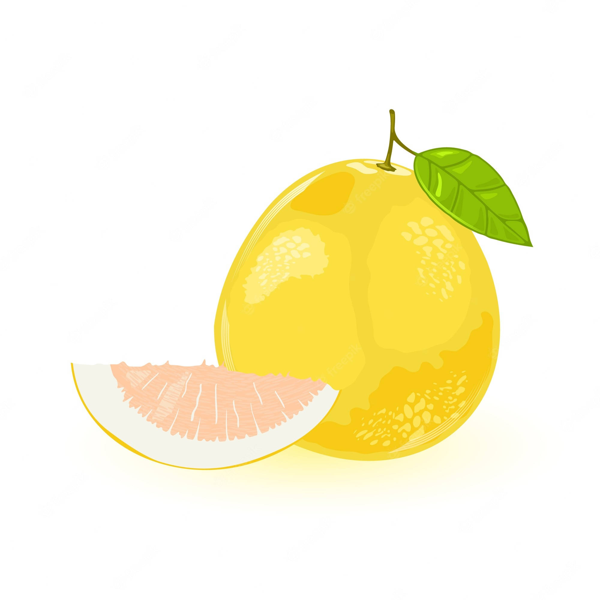 Fruits 桌布 壁紙 — 一個鮮黃色的葡萄柚，帶有綠葉和多汁的切片，露出粉紅色的果肉，背景是乾淨的白色。
