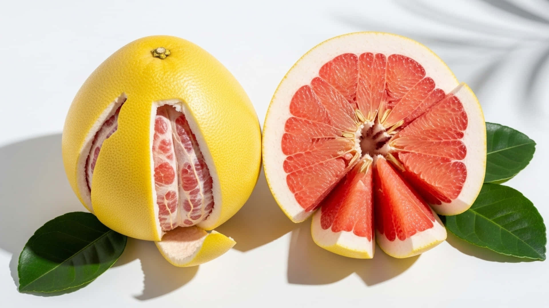 A whole and halved pomelo with its thick pale yellow rind peeled 壁紙 — 一個鮮黃色的葡萄柚切開，露出多汁的粉紅色果肉，旁邊是完整的葡萄柚，帶有綠葉，放在白色背景上。