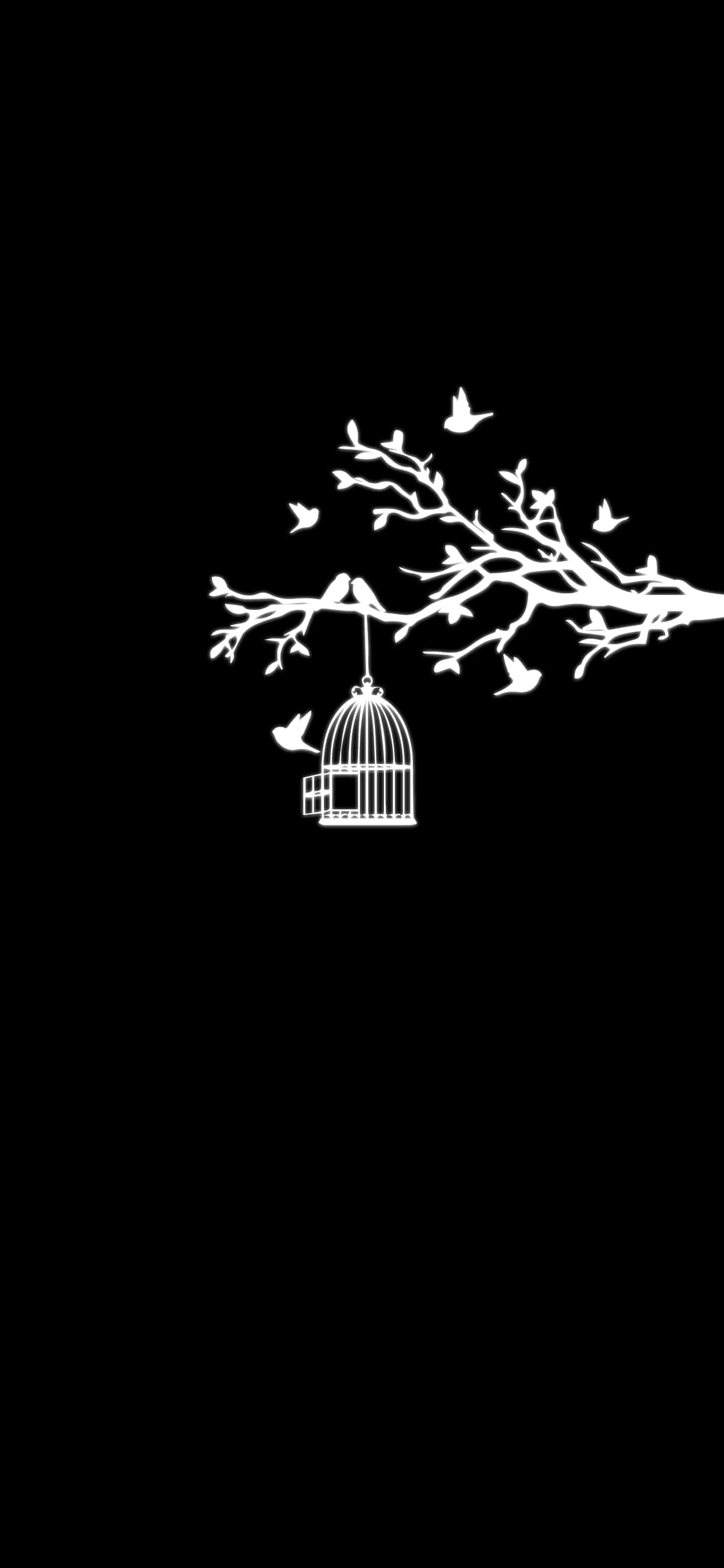 AMOLED 桌布 壁紙 — 一個鳥籠掛在光禿禿的樹枝上，鳥兒飛走，黑色背景襯托出鮮明的白色剪影。