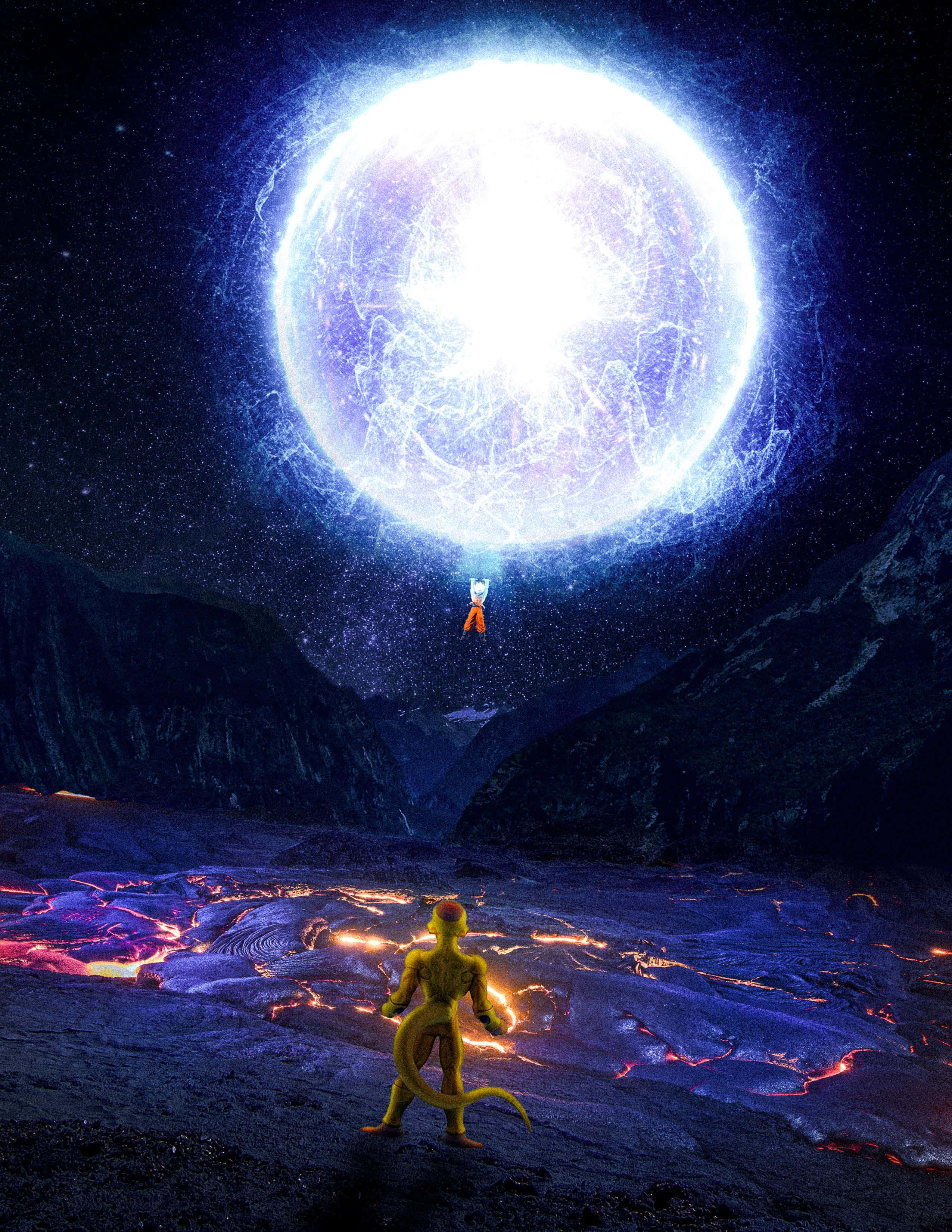 Goku's Spirit Bomb Sword 桌布 壁紙 — 一個黃皮膚的動漫角色站在熔岩場上，仰望星空夜空中一個巨大的發光藍色星球。