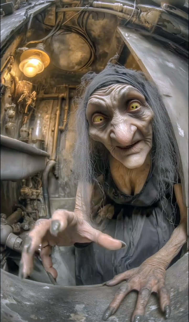 Horror 壁紙 — 一個黃眼睛、灰頭髮的怪異老女巫，在昏暗的工業環境中從生鏽的金屬管中威脅地窺視。