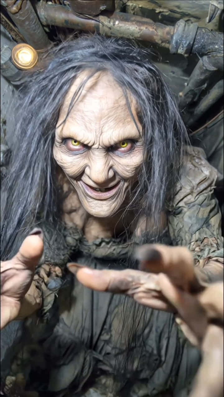Horror 壁紙 — 一個黃眼睛、黑髮糾結的怪誕女巫，在昏暗的工業環境中向前伸手。