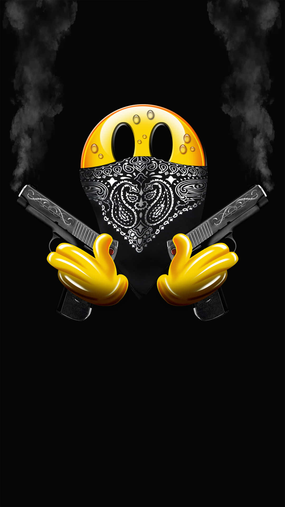 黑幫動圖 桌布 壁紙 — 一個黃色 Pac-Man 角色，戴著黑色頭巾，兩把手槍交叉在前方，煙霧從兩側升起，背景為黑色。