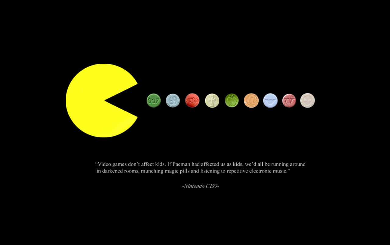 Pacman 桌布 壁紙 — 一個黃色 Pacman 角色面對一排彩色藥丸，背景為黑色，下方有任天堂 CEO 的引述。