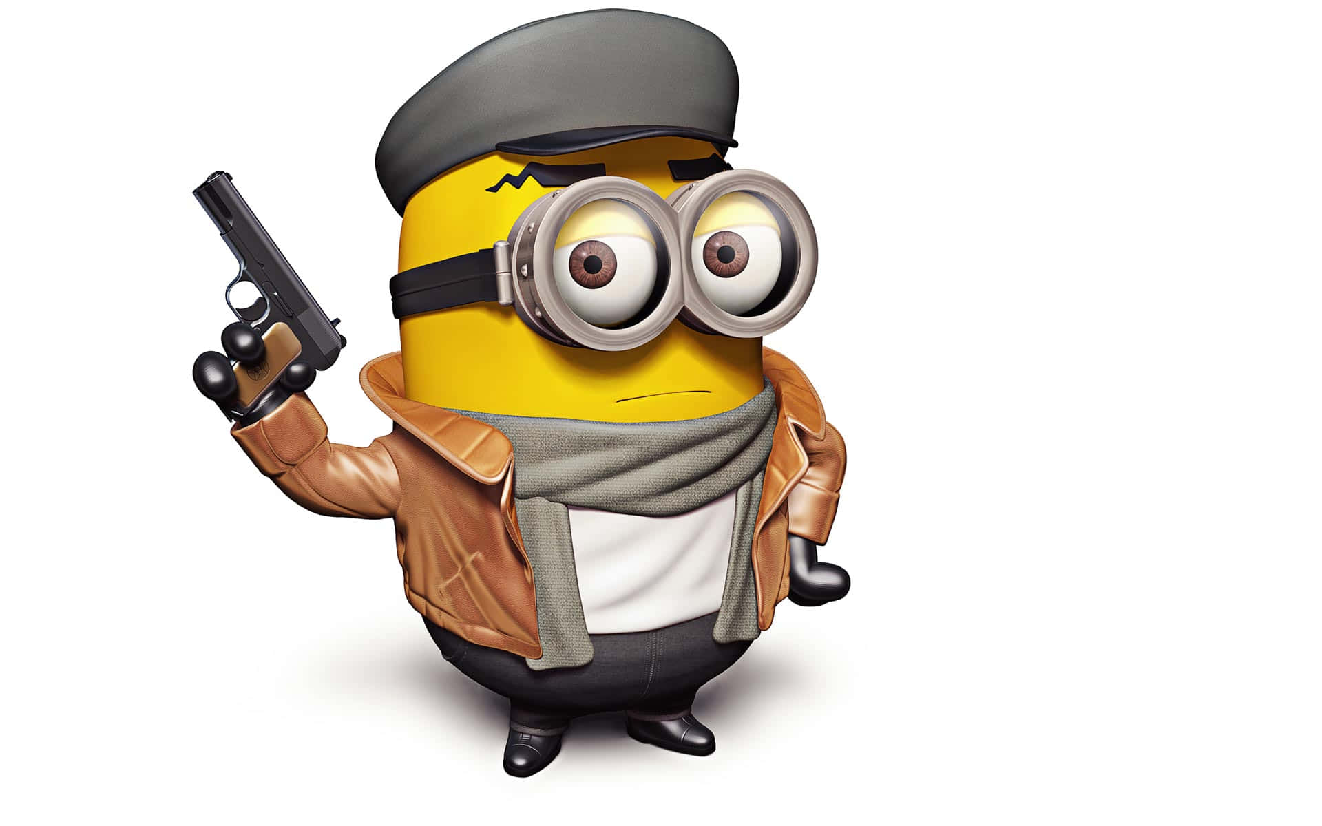 Despicable 桌布 壁紙 — 一個黃色Minion戴著灰色鴨舌帽、皮夾克和圍巾，在白色背景前手持手槍，表情嚴肅。