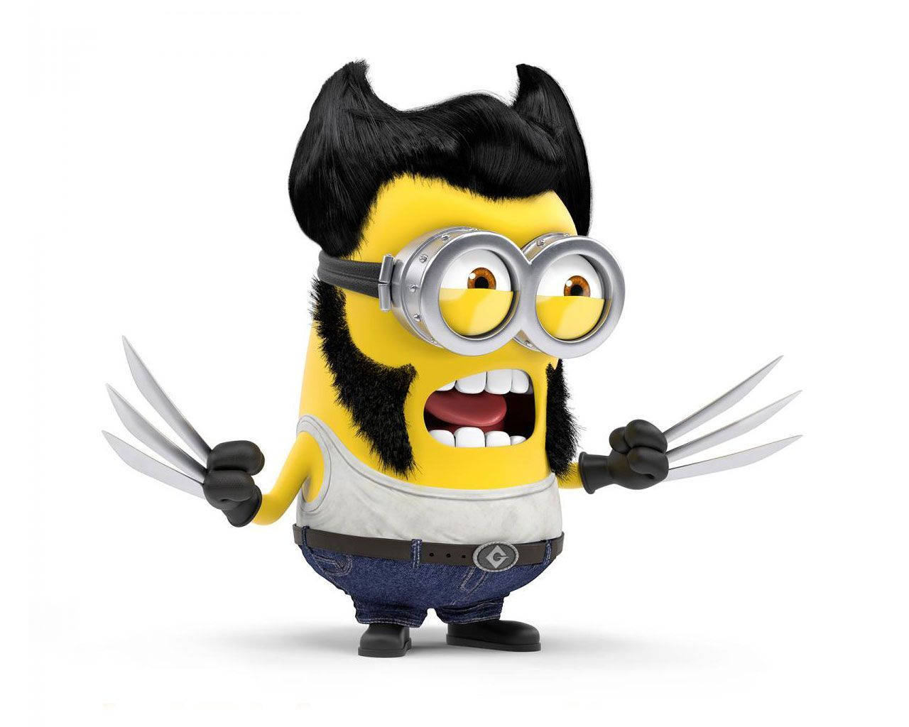 打扮成金鋼狼Wolverine的Minion，有爪、黑色頭髮和鬍鬚。