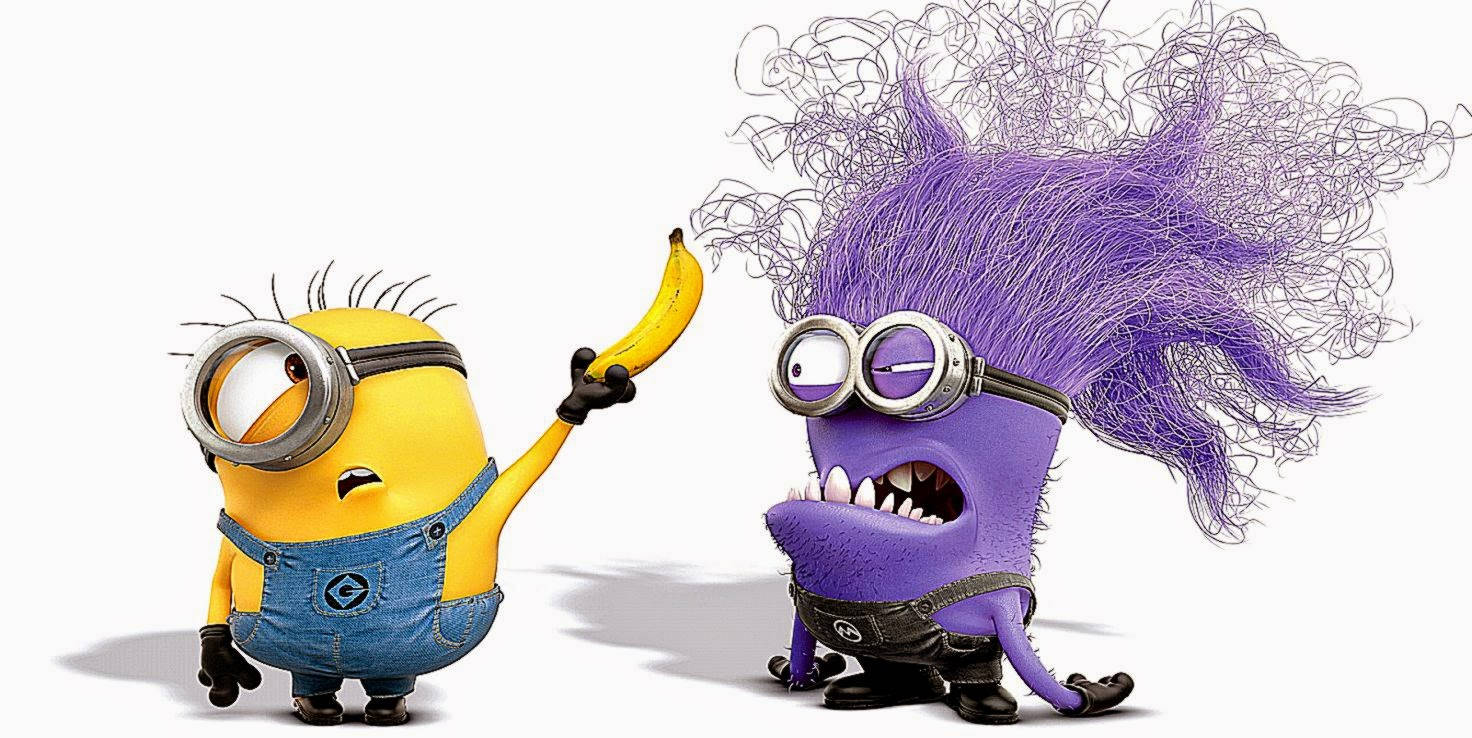 evil 桌布 壁紙 — 一個黃色Minion拿著香蕉，旁邊一個紫色頭髮、頭髮亂糟糟的Minion憤怒地反應。