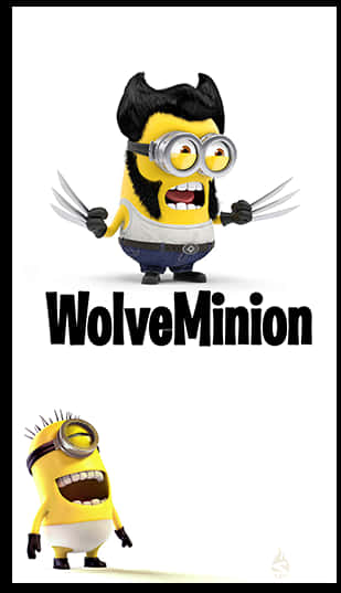 電影動圖 桌布 壁紙 — 一個黃色Minion擁有金鋼狼爪和頭髮，站在一個較小的Minion上面，兩者都在白色背景上咧嘴笑。
