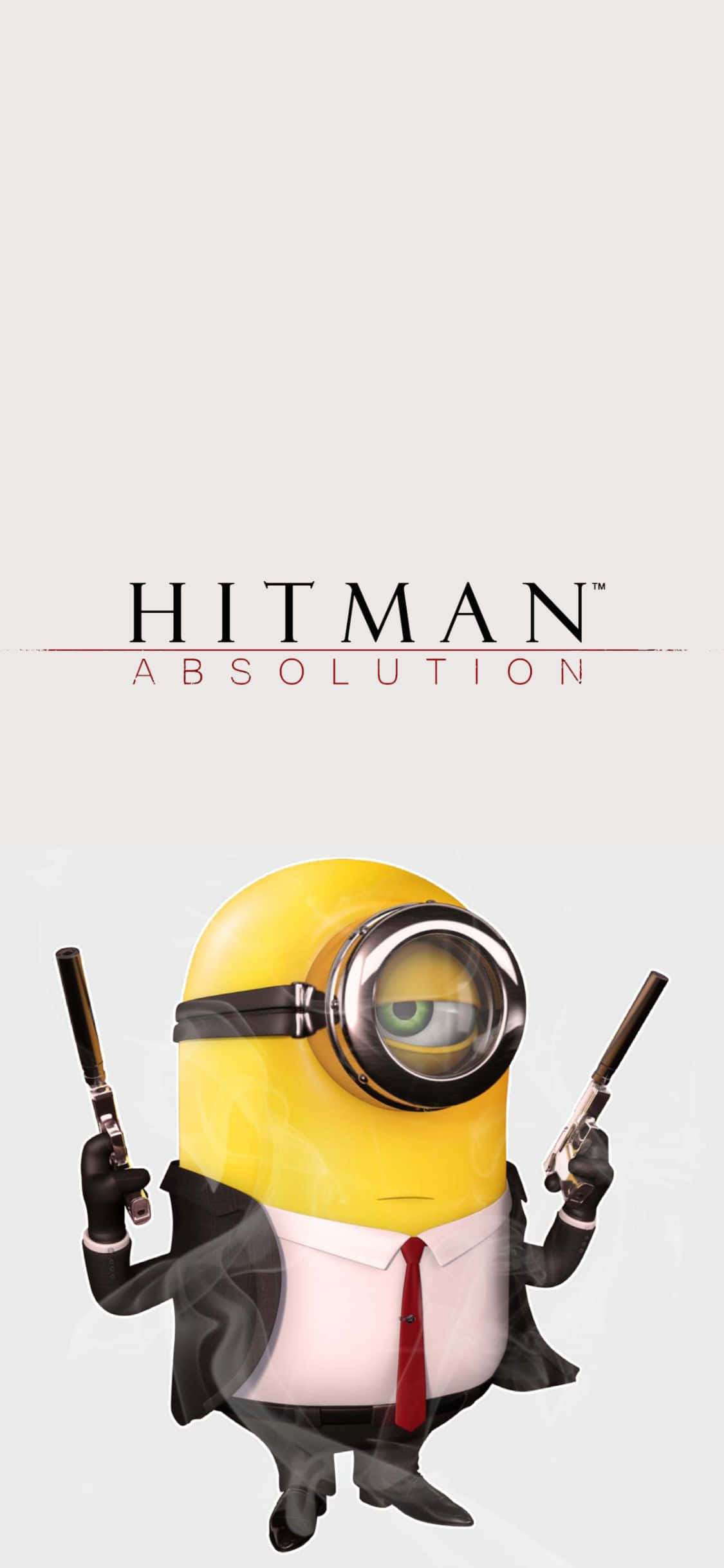 iPhone X Hitman Absolution 桌布 壁紙 — 一個黃色Minion穿著黑色西裝和紅色領帶，在純色背景上手持兩把冒煙的手槍，並帶有Hitman Absolution文字。