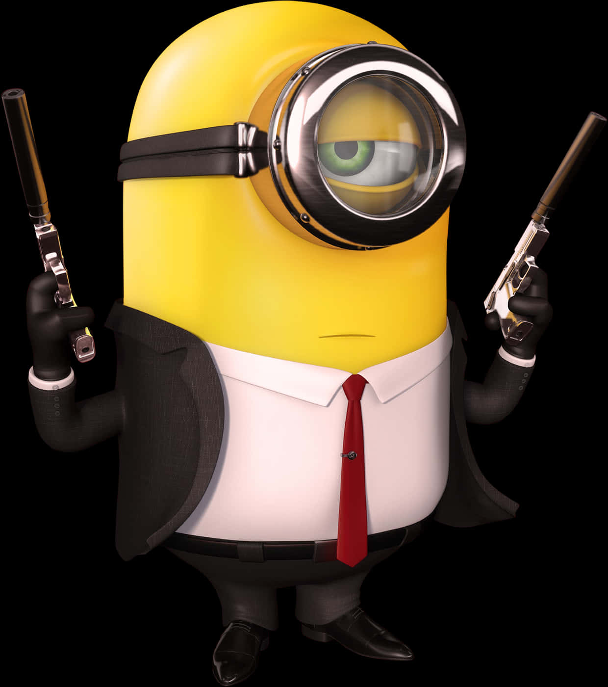電影動圖 桌布 壁紙 — 一個黃色Minion穿著黑色西裝和紅色領帶，在黑色背景前手持兩把手槍。