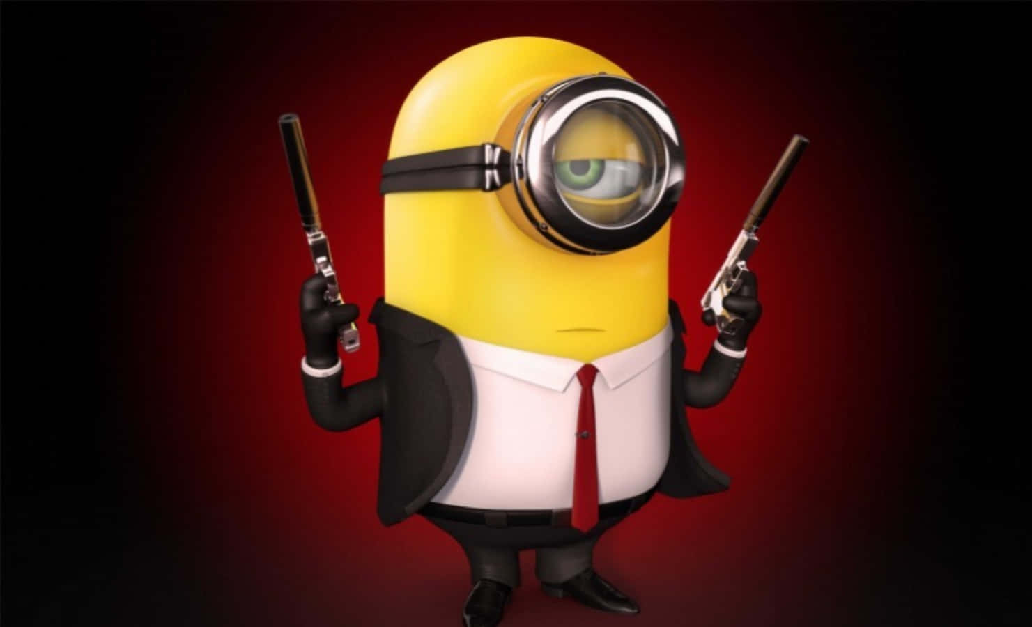 Cool Profile 桌布 壁紙 — 一個黃色Minion身穿黑色西裝和紅色領帶，在深紅色漸變背景前手持兩把手槍。