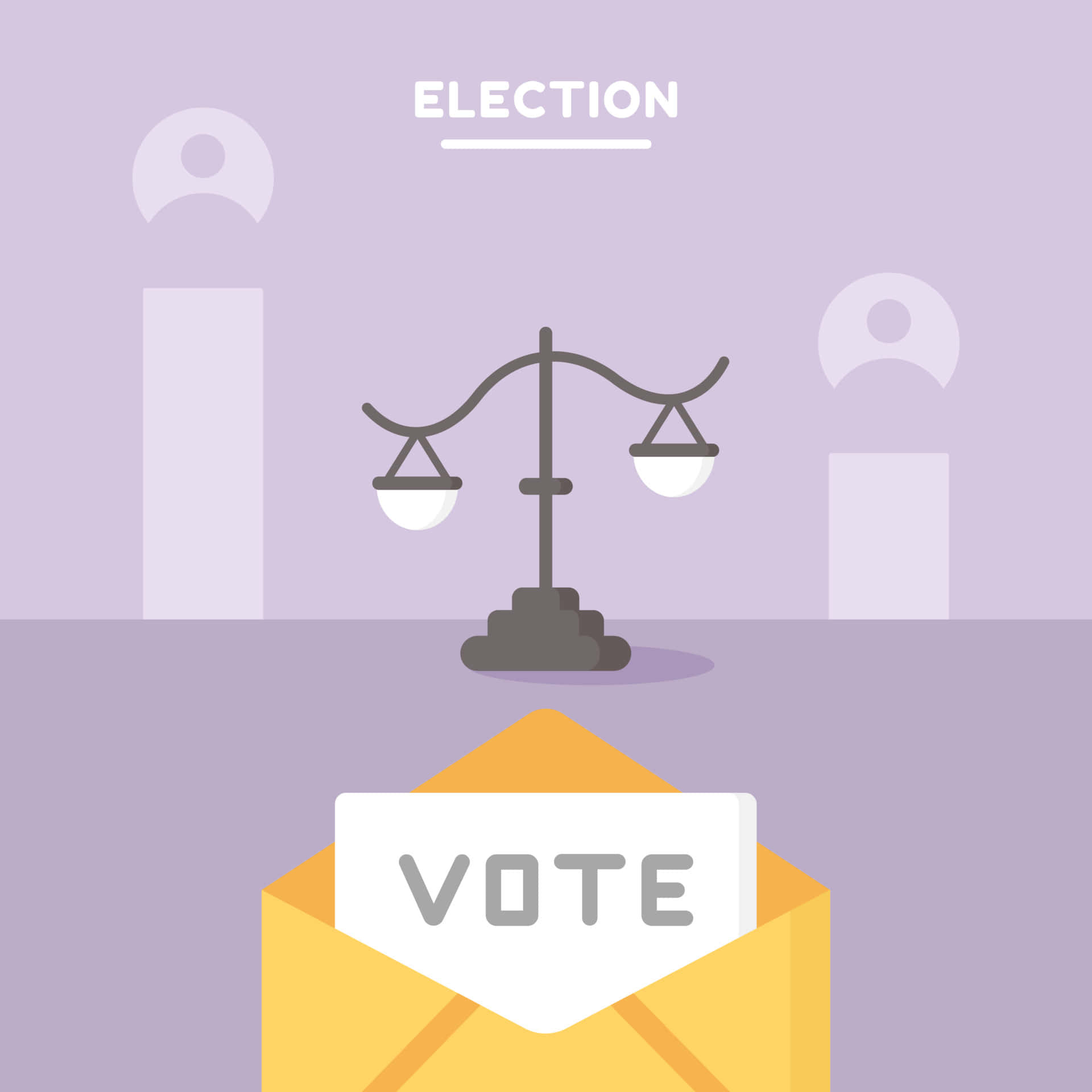 選舉 桌布 壁紙 — 一個黃色信封內有選票，放在平衡的天秤和抽象選民剪影前，背景是薰衣草色的天空。