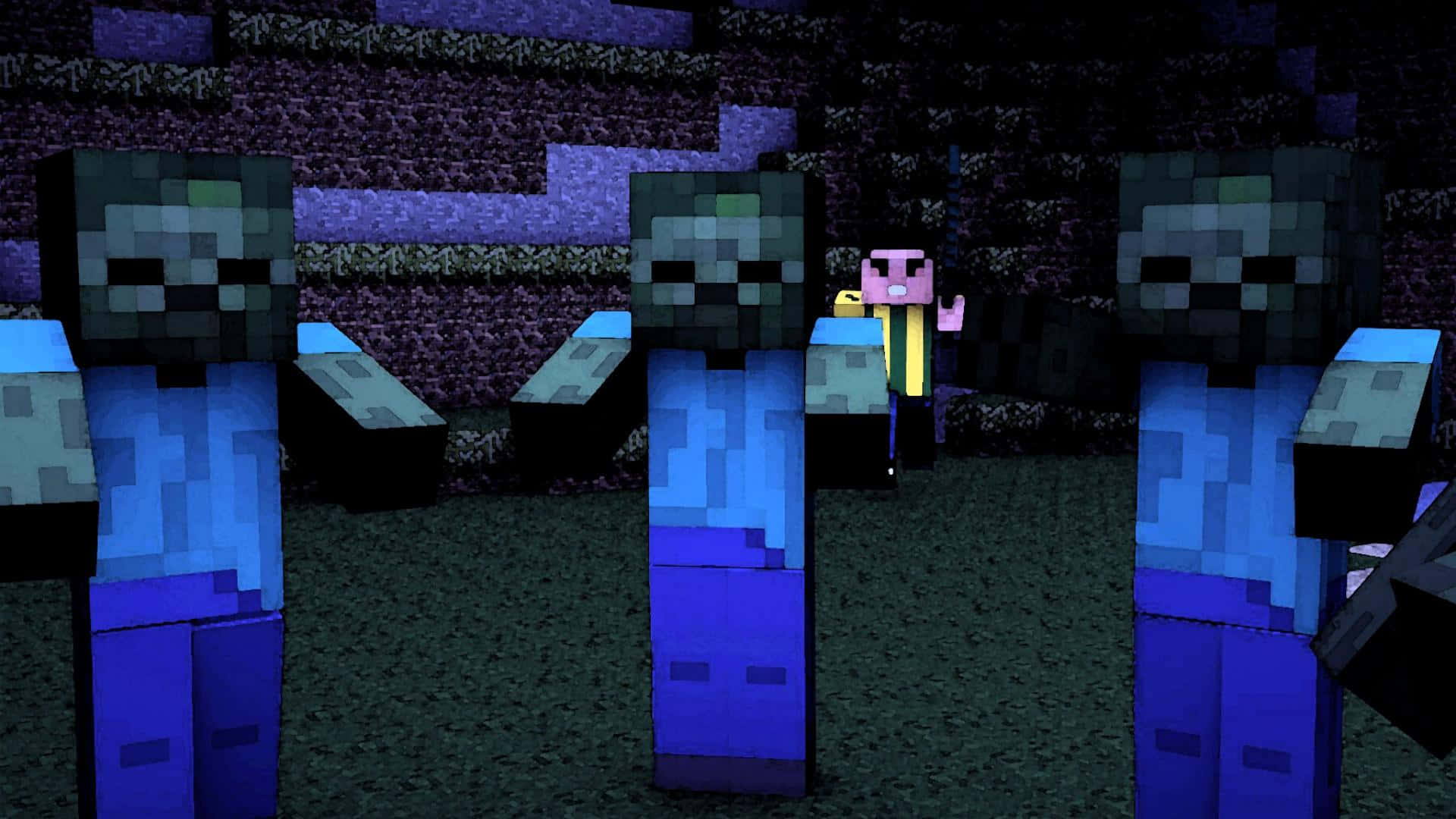 Minecraft Zombie 桌布 壁紙 — 一個黃色像素化的Minecraft玩家在一個有紫色石牆的黑暗洞穴中，面對三隻殭屍怪物。