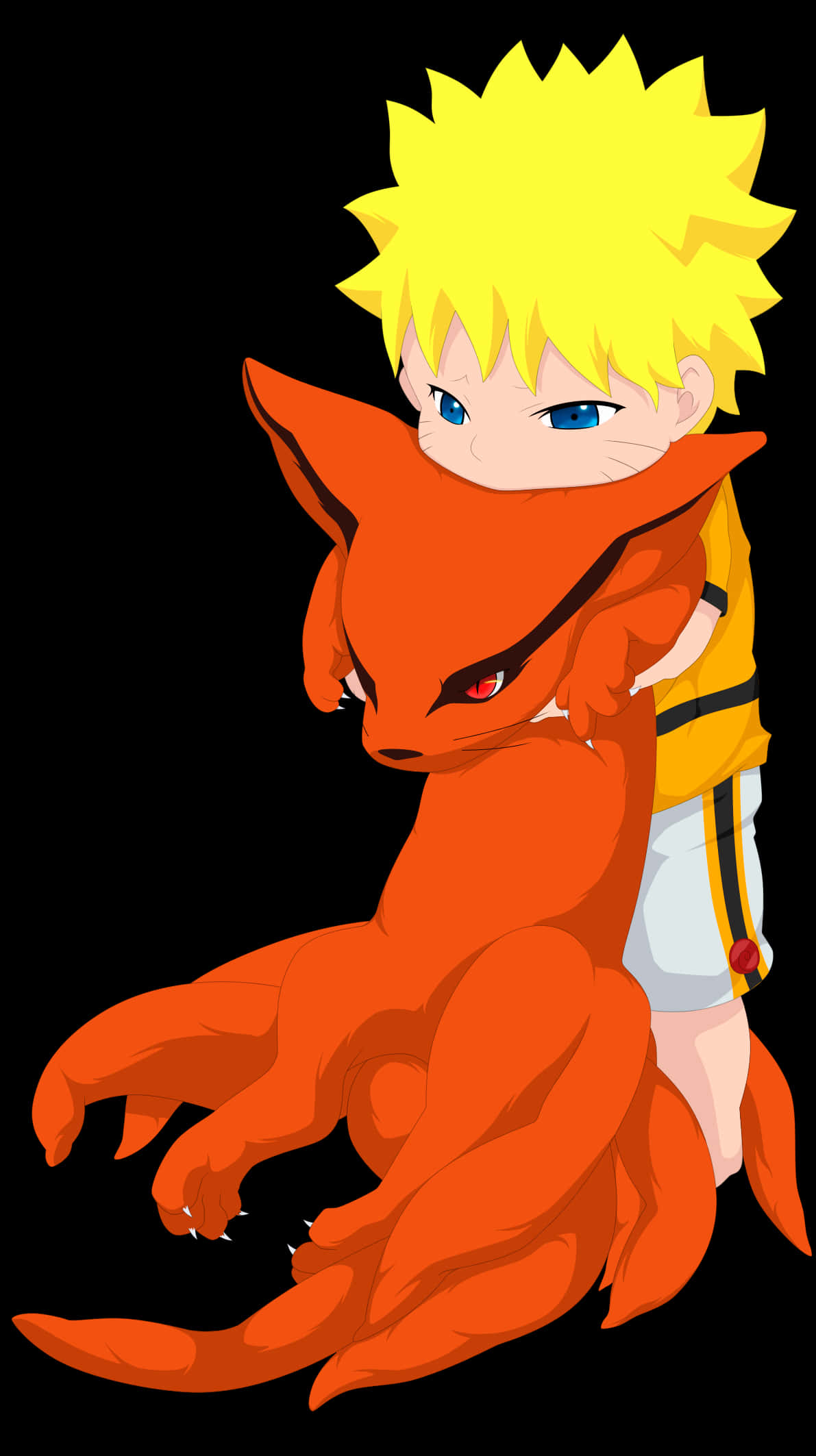 Cute Kurama 桌布 壁紙 — 一個黃色刺蝟頭的Q版動畫男孩在黑色背景前擁抱一隻大型橙色九尾狐。
