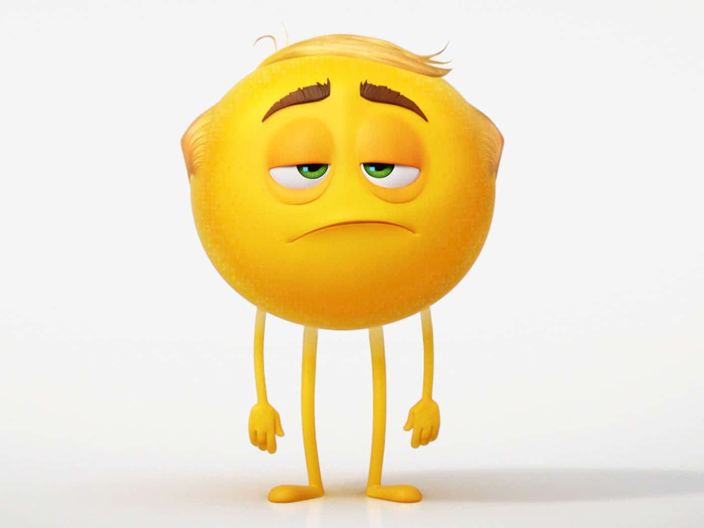 Tired Aesthetic 桌布 壁紙 — 一個黃色動畫表情符號角色，眼睛疲倦，四肢下垂，站在純白色背景前。