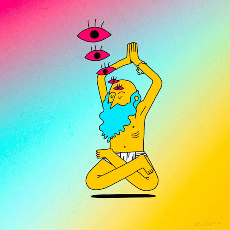 guru nanak dev ji 桌布 壁紙 — 一個黃色卡通人物，留著藍色鬍子，以蓮花坐姿冥想，三個粉紅色眼睛漂浮在上方，背景是彩虹漸變色。