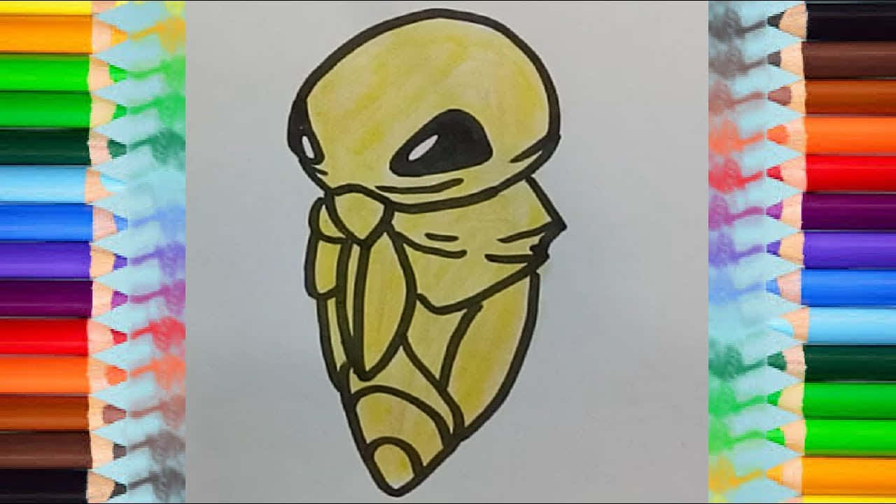 寶可夢 桌布 壁紙 — 一個黃色卡通外星人，大眼睛，用彩色鉛筆畫在白紙上，兩旁擺放著鮮豔的彩色鉛筆。