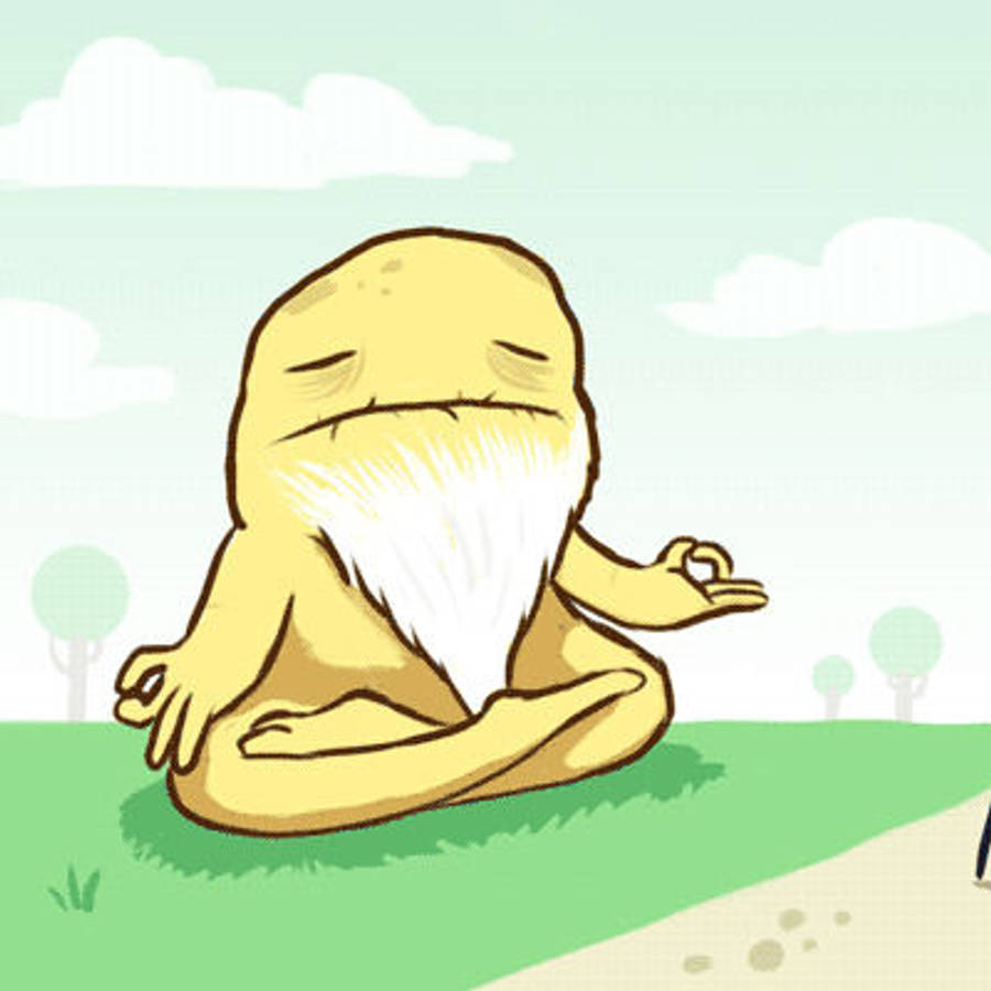 guru nanak dev ji 桌布 壁紙 — 一個黃色卡通生物，長長的白鬍鬚，盤腿坐在草地上冥想，天空蒼白。
