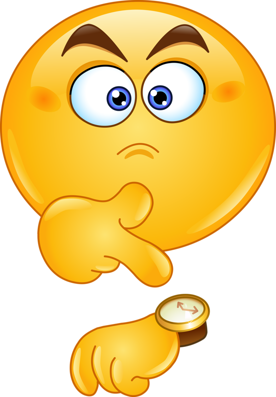 Emoticon 桌布 壁紙 — 一個黃色卡通表情符號，帶有憤怒的眉毛和大眼睛，指責地指著一個小鐘。