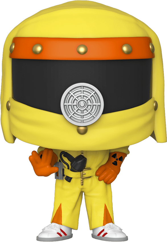 回到未來 桌布 壁紙 — 一個黃色和橙色的Funko Pop公仔，穿著全套防護衣，帶有圓形通風面罩和手臂上的輻射標誌。