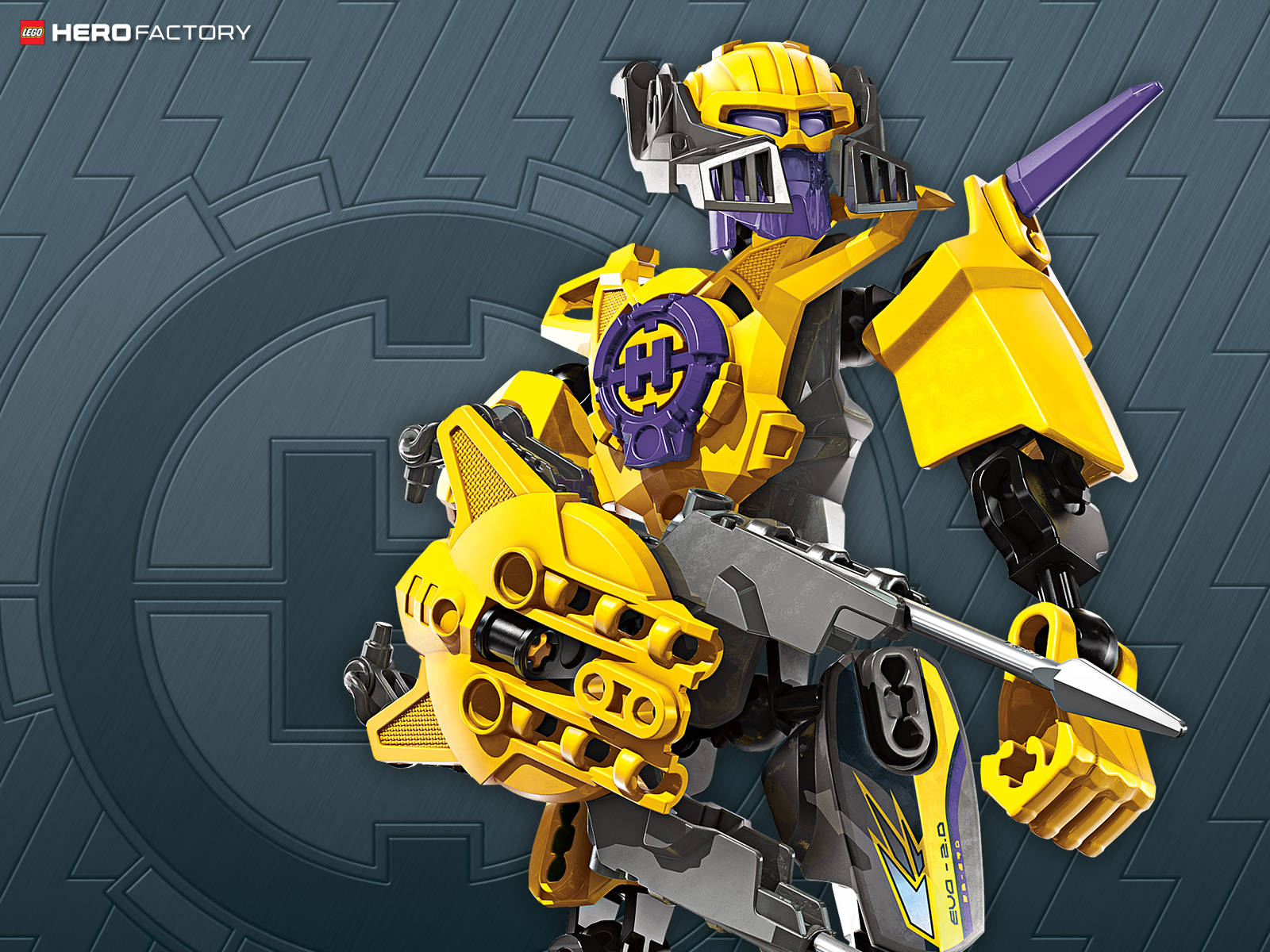 Hero 桌布 壁紙 — 一個黃色和紫色的LEGO Hero Factory機器人以動態姿勢站在深灰色機械背景前。