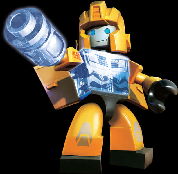 Transformers Bumblebee 桌布 壁紙 — 一個黃色和藍色的機器人玩具公仔，發光的眼睛和半透明的大砲，站在黑色背景前。