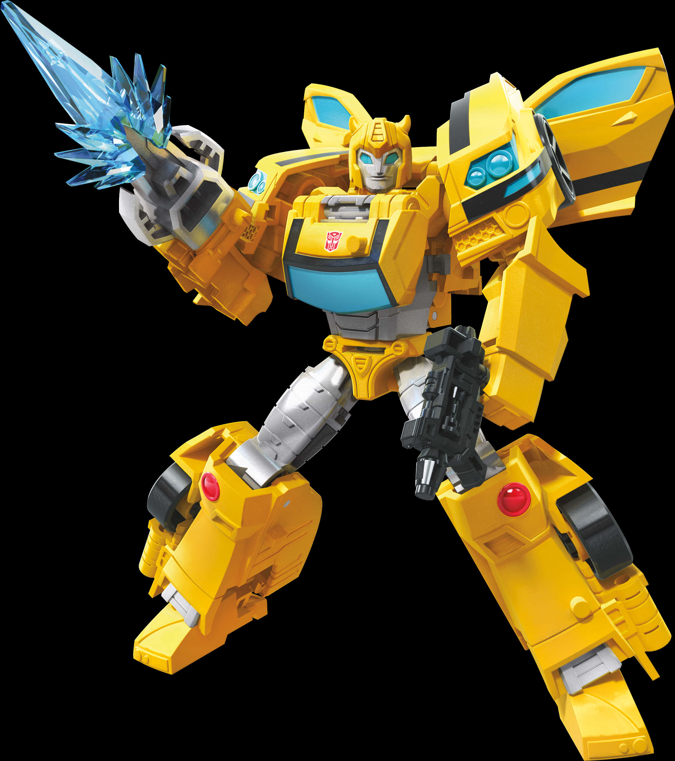 Bumblebee 桌布 壁紙 — 一個黃色和藍色的變形金剛機器人動態地站在黑色背景前，揮舞著發光的藍色劍。