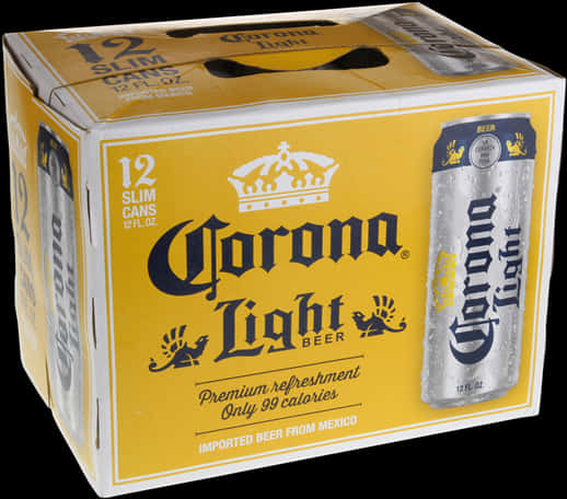 Corona Beer 桌布 壁紙 — 一個黃色和銀色的Corona Light啤酒六罐裝盒，旁邊放著一罐冰鎮的啤酒，背景為黑色。