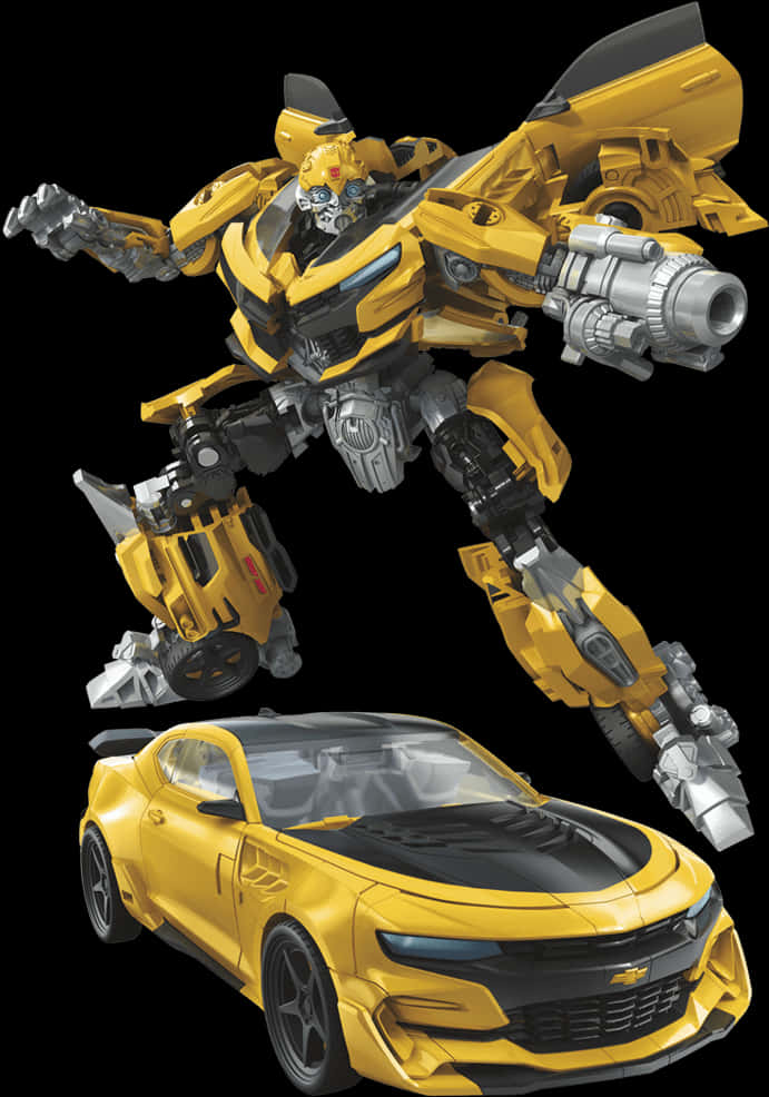 Transformers Bumblebee 桌布 壁紙 — 一個黃色和銀色的變形金剛機器人站在其匹配的黃色跑車上方，背景為黑色。