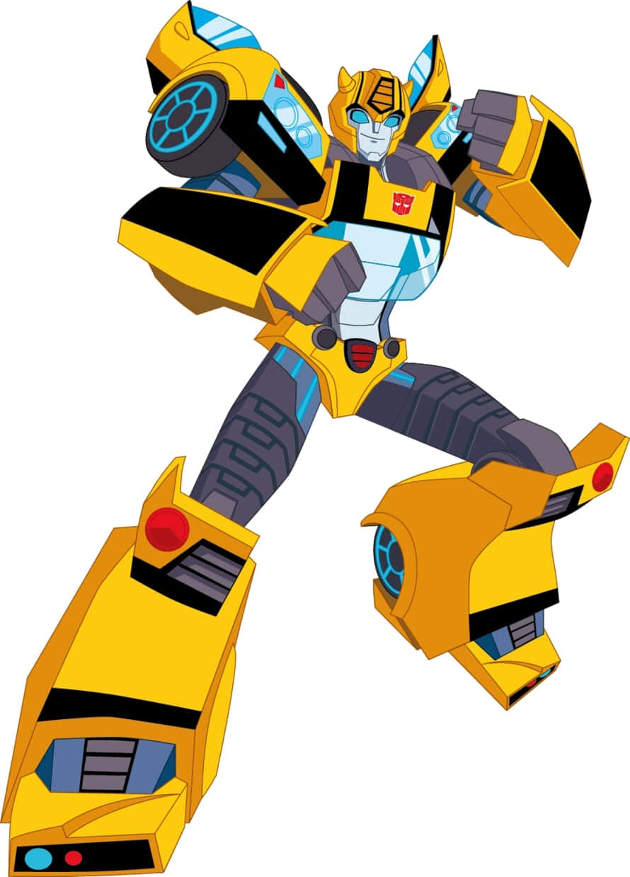 Animated 桌布 壁紙 — 一個黃色和黑色的機器人，具有汽車般的特徵，以動態姿勢站在白色背景前。