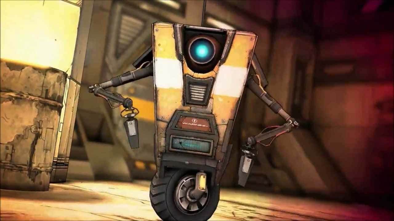 Borderlands Characters 桌布 壁紙 — 一個黃色和黑色的機器人，在昏暗的工業房間裡，有溫暖的燈光，並有一隻發光的藍色眼睛。