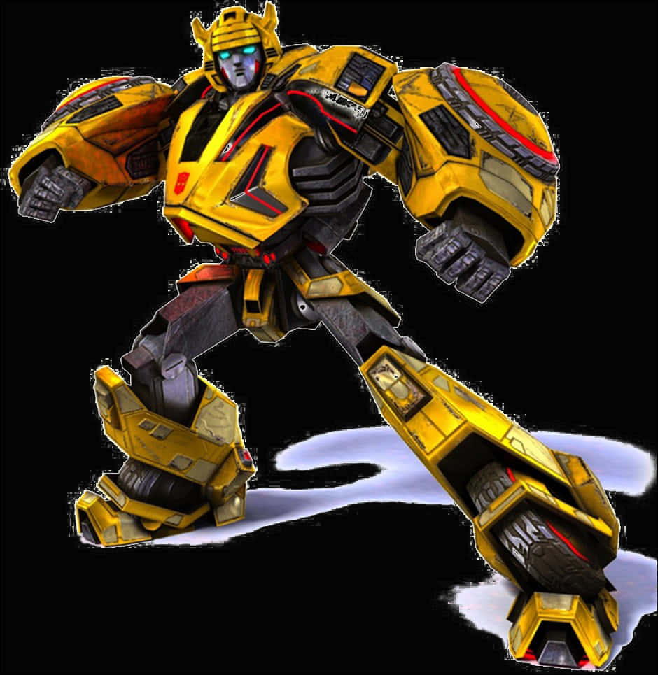 Bumblebee 桌布 壁紙 — 一個黃色和黑色的機器人，擁有發光的藍色眼睛，在黑色背景上帶有白色能量軌跡，動態地站立著。