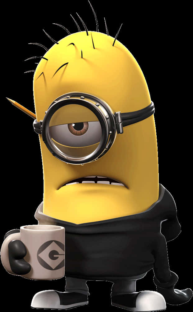 Minion Clipart 桌布 壁紙 — 一個黃色單眼、頭髮豎立的小小兵，穿著黑色連身工作褲，在黑色背景前拿著一個馬克杯。