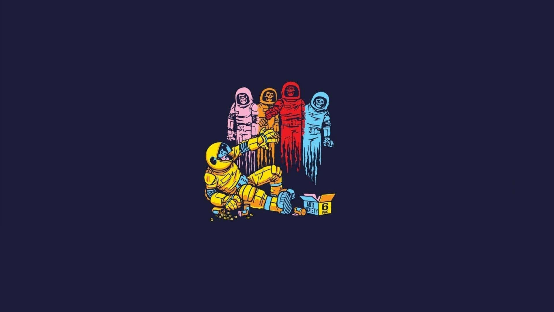 Astronaut Desktop 桌布 壁紙 — 一個黃色太空人跪在一個標有「ALL 6」的盒子前，四個色彩繽紛的鬼魂般身影在深藍色背景後方飄浮。