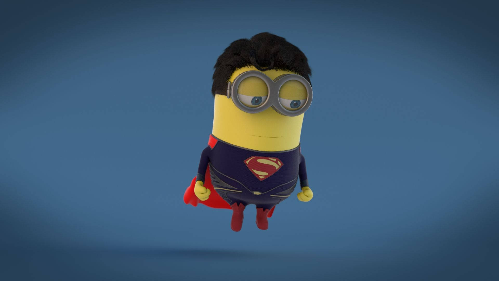 minions the rise of gru 桌布 壁紙 — 一個黃色小小兵穿著超人服裝，在純藍色背景上漂浮。