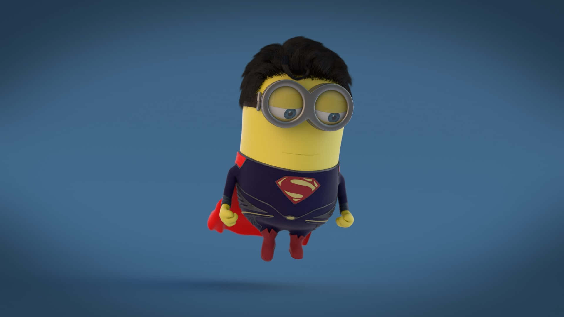 Cartoon Heroes 桌布 壁紙 — 一個黃色小小兵穿著超人服裝，在純藍色背景上漂浮。