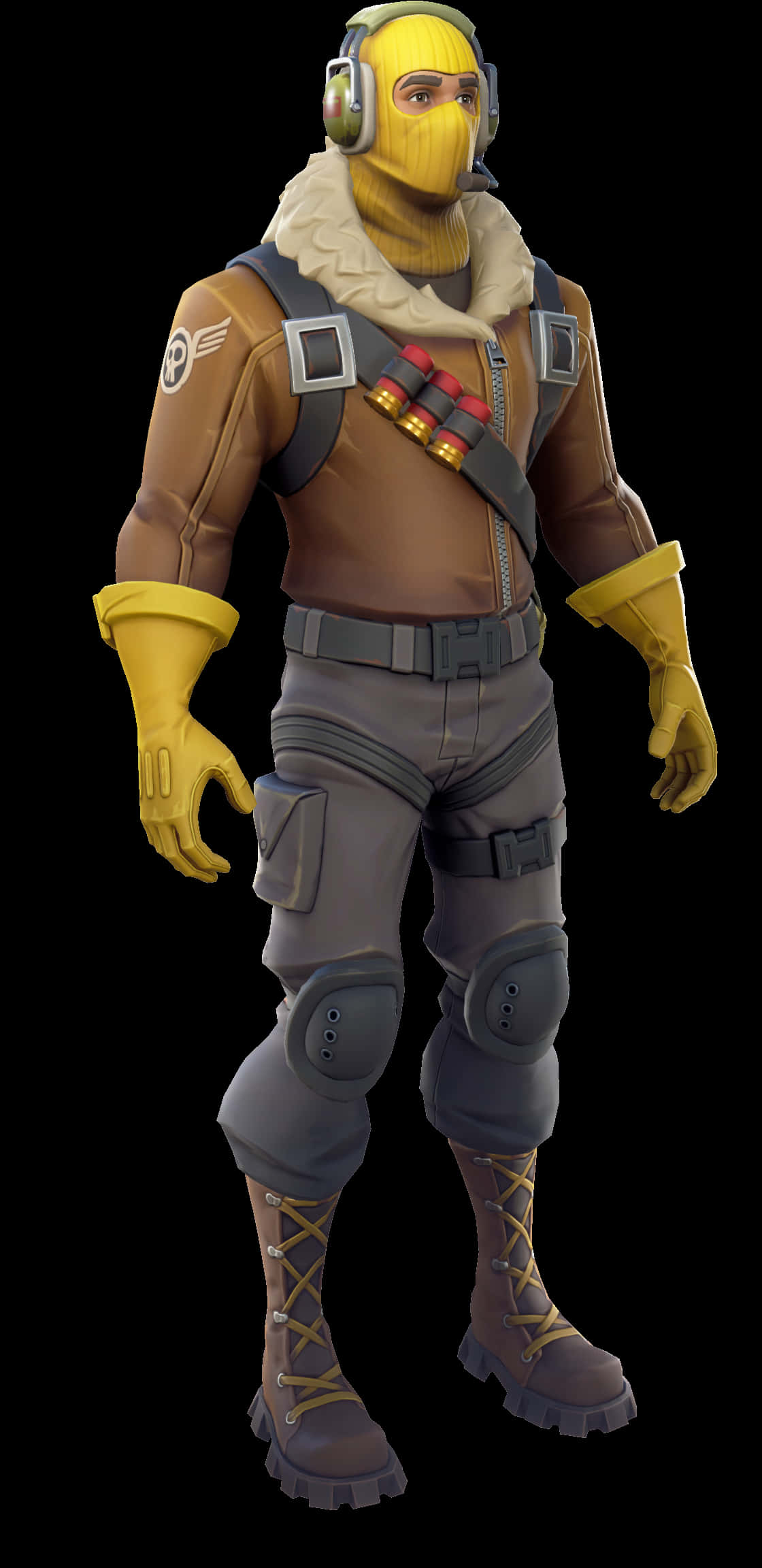 Fortnite Character 桌布 壁紙 — 一個黃色巴拉克拉瓦帽和棕色戰術裝備配紅色手榴彈的Fortnite角色的全身數位渲染。