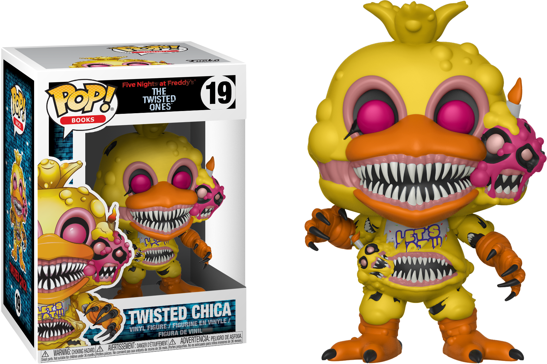 惡夢佛萊迪 桌布 壁紙 — 一個黃色扭曲的Chica Funko Pop! 乙烯基公仔，有多個嘴巴和尖牙，站在它的收藏盒旁邊。