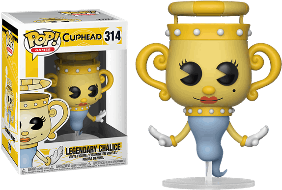 茶杯頭 桌布 壁紙 — 一個黃色杯形Funko Pop!公仔，帶有珍珠邊飾和睫毛，站在其盒裝包裝旁邊。