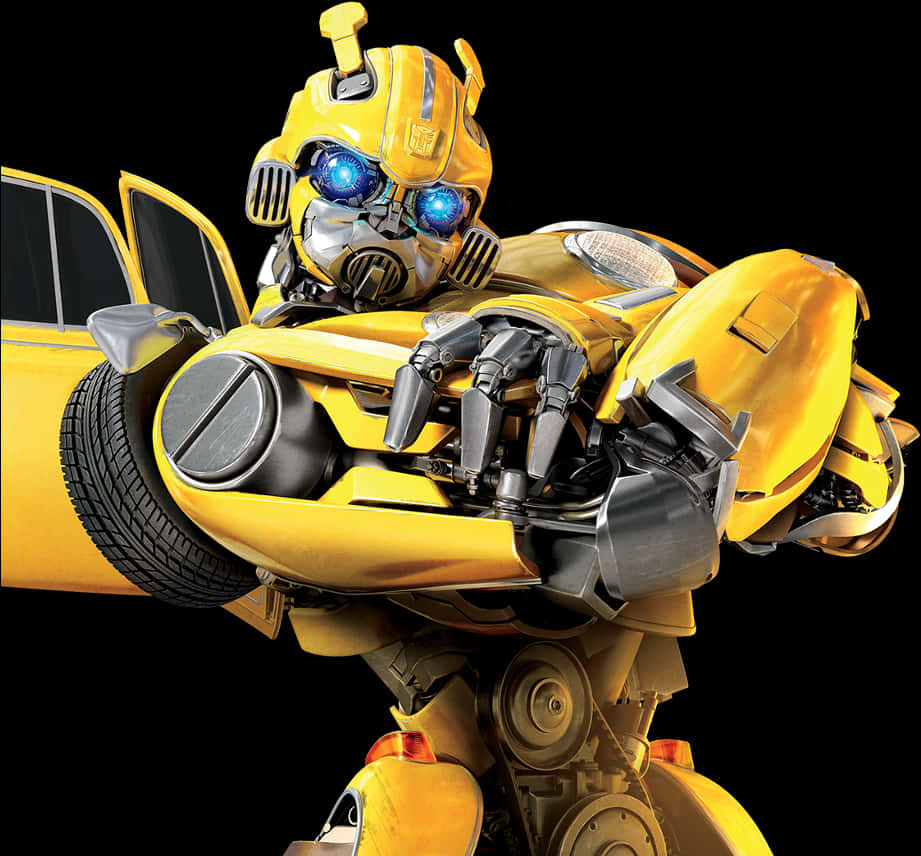 Bumblebee 桌布 壁紙 — 一個黃色機器人，有著發光的藍色眼睛，英雄式地站在黑色背景前，其汽車形態部分可見於後方。