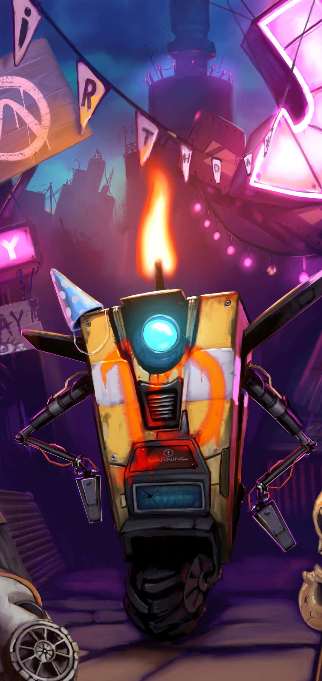 Pixel 3xl Borderlands 3 桌布 壁紙 — 一個黃色機器人，有著發光的藍色眼睛，頭頂上點著蠟燭，夜晚站在霓虹燈照亮、塗鴉覆蓋的城市小巷中。