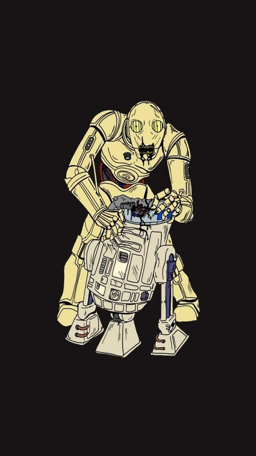 Funny Star Wars 桌布 壁紙 — 一個黃色機器人輕輕地抱著一個較小的白色機器人，背景是純黑色。