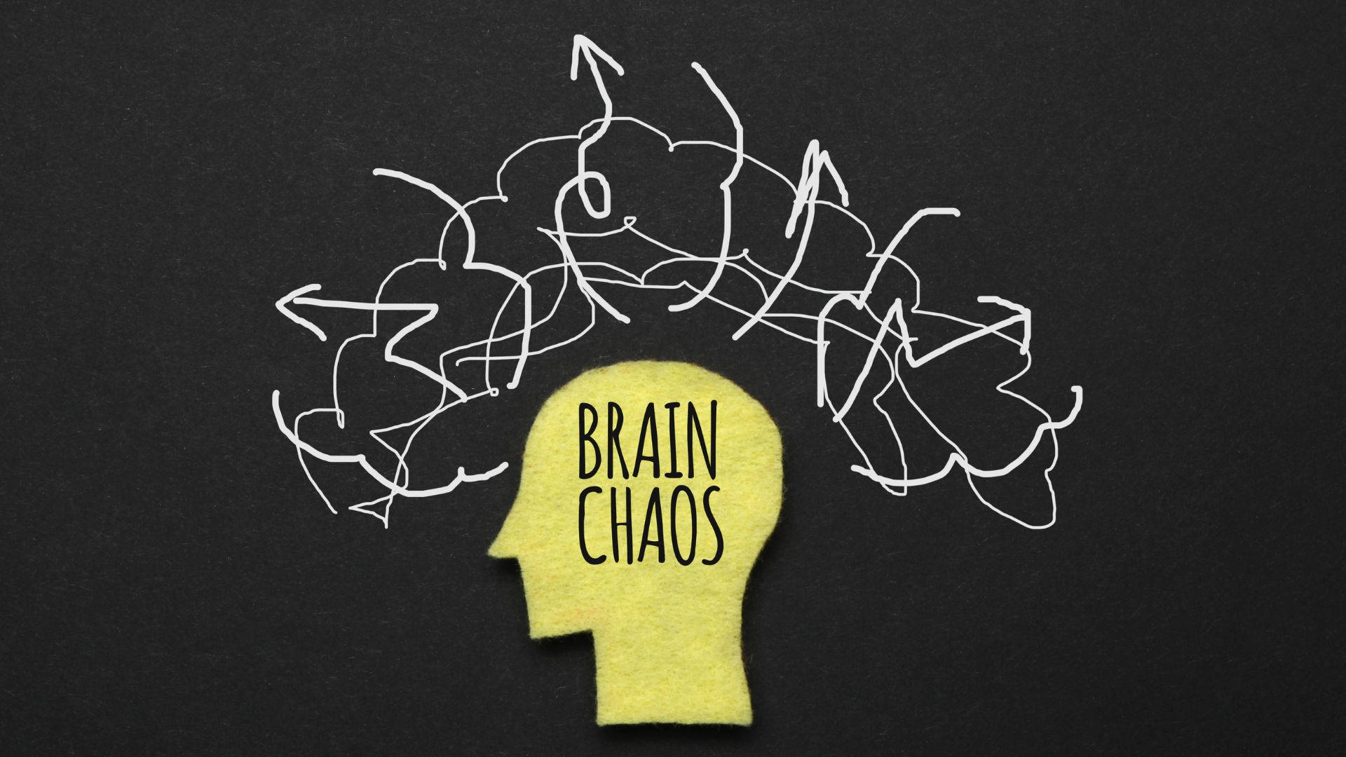 mind 桌布 壁紙 — 一個黃色氈製頭部剪影，標有「brain chaos」，頂部有白色塗鴉箭頭在深色背景上迸發而出。