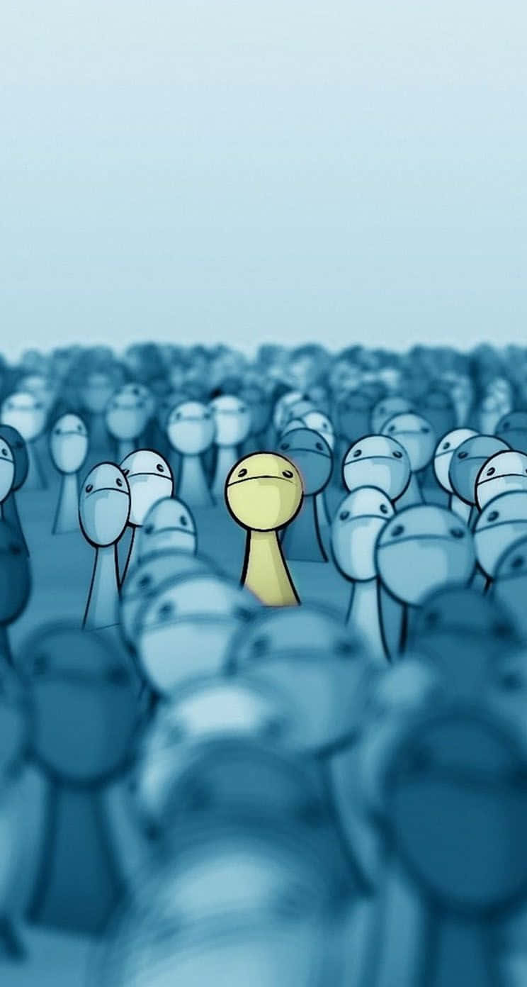 Cartoon 桌布 壁紙 — 一個黃色火柴人在淺景深中在一片相同的藍色火柴人中脫穎而出。