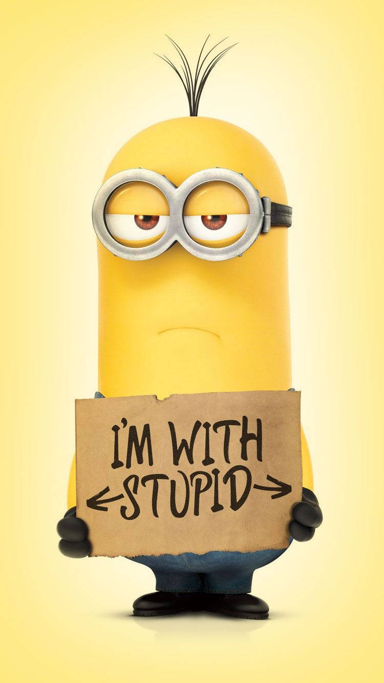 小黃人 桌布 壁紙 — 一個黃色的Minion，有一束頭髮和護目鏡，在淡黃色背景前舉起一塊寫著「I'M WITH STUPID」的紙板牌。