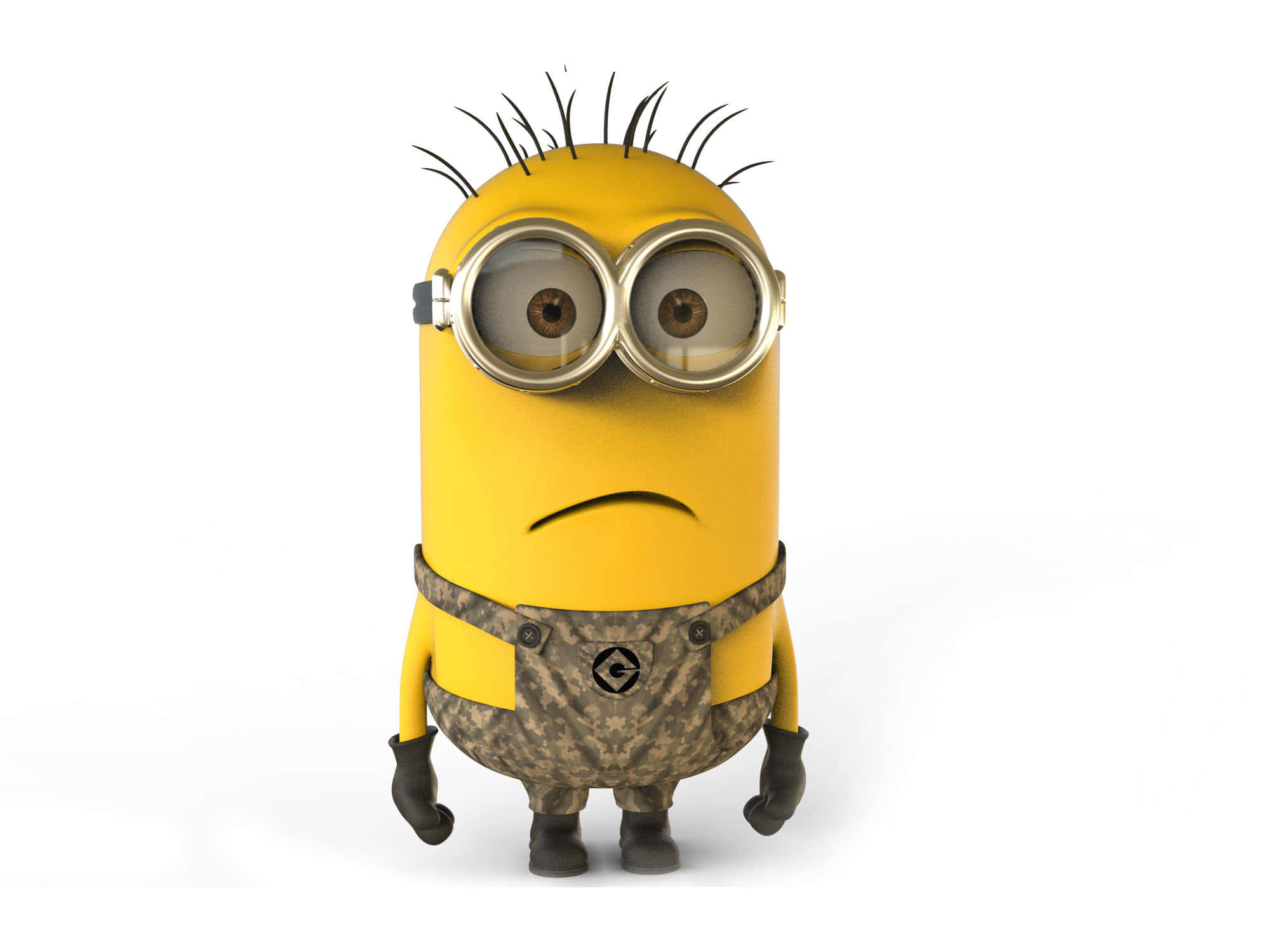 小小兵 桌布 壁紙 — 一個黃色的Minion，有尖刺頭髮和護目鏡，站在純白色背景前，穿著迷彩工作褲。